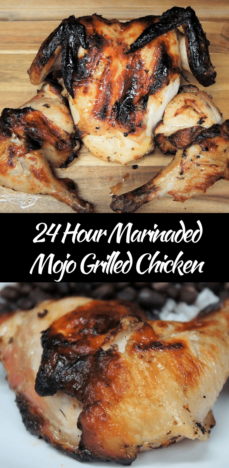 This whole chicken is butterflied and marinated in a homemade mojo for 24 hours. Then it’s grilled, low and slow until juicy, tender and so flavorful that it will become your favorite chicken. #mojochicken #mojomarinade #Cubanchickenrecipes #mojomarinatedchicken #bbqchicken