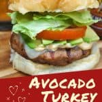 Graphic of the burger and text reading avocado turkey burger, image used for pinterest.