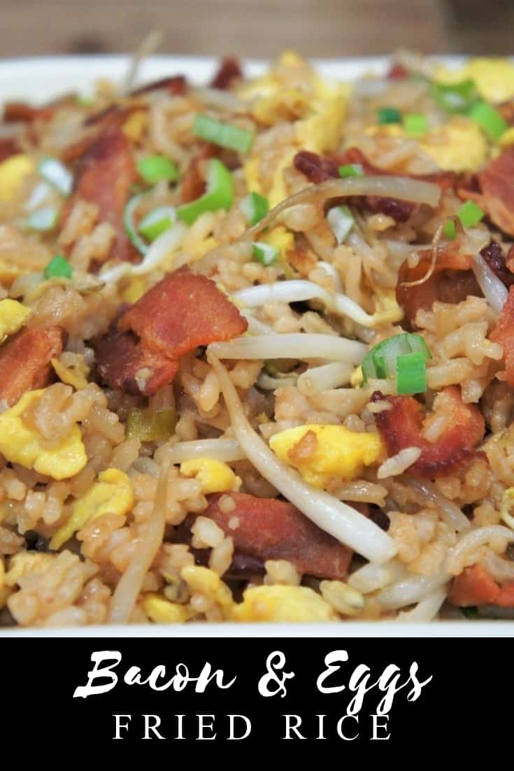 This Bacon & Eggs Fried Rice is quick, easy and affordable, perfect for busy weeknights or cheap eats when money is a little tight. You probably have most of what you need in your pantry and fridge already. Dig deep, I’m sure there’s a bottle of soy sauce in there. #baconeggsfriedrice #friedrice #takeout #easyfriedrice