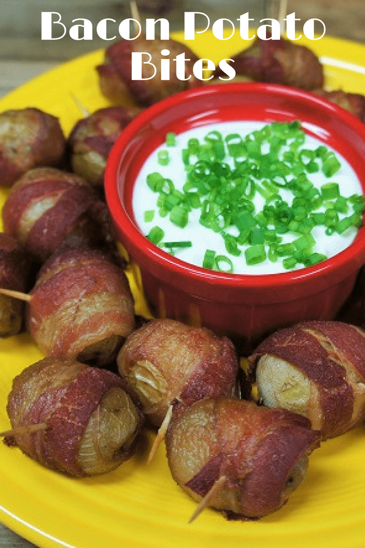 These Bacon Potato Bites make a delicious appetizer or side dish. Little gold potatoes are cooked until tender. Then they’re wrapped in bacon and baked until the bacon is golden and crispy. #baconpotatobites #potatoes #bacon #sidedishes #appetizers #partyfood #gamedayappetizers
