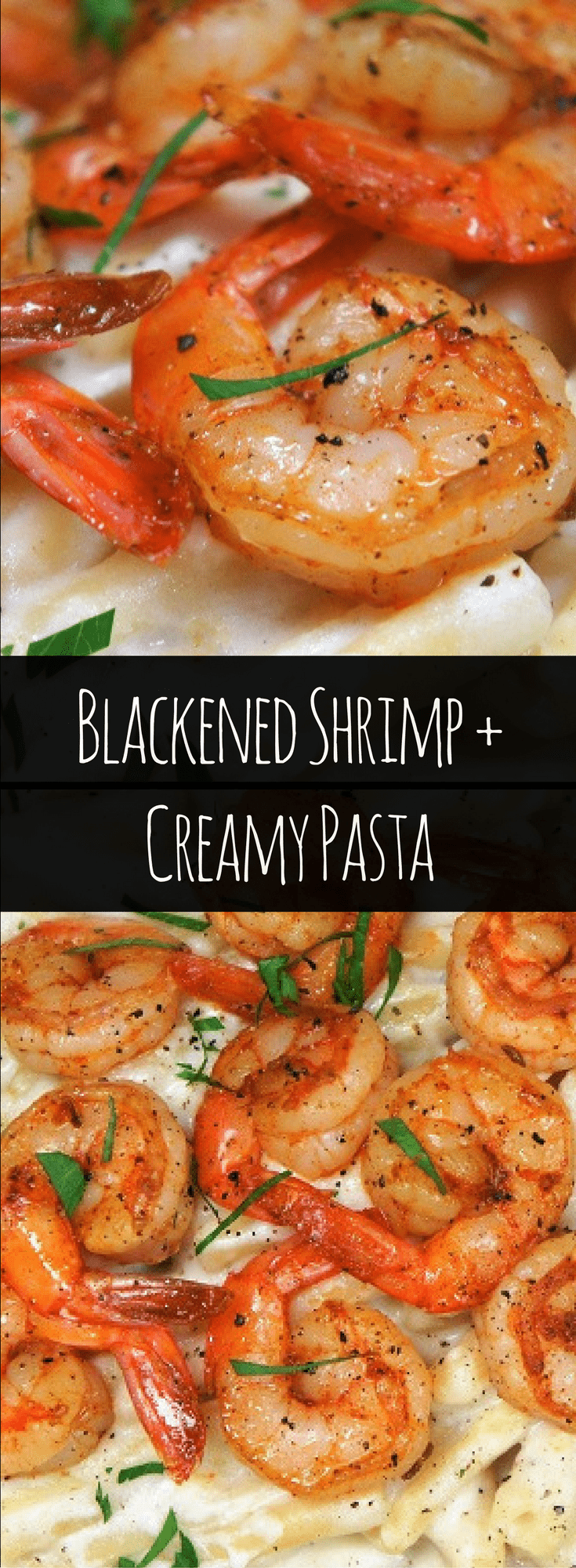 In this recipe, spicy blackened shrimp sit atop creamy pasta for a delicious dinner your family will love. This blackened shrimp & creamy pasta dish is really quick and easy to make too, great for busy weeknights. #creamypasta #pastadishes #shrimp #blackenedshrimp #easydinners #pasta