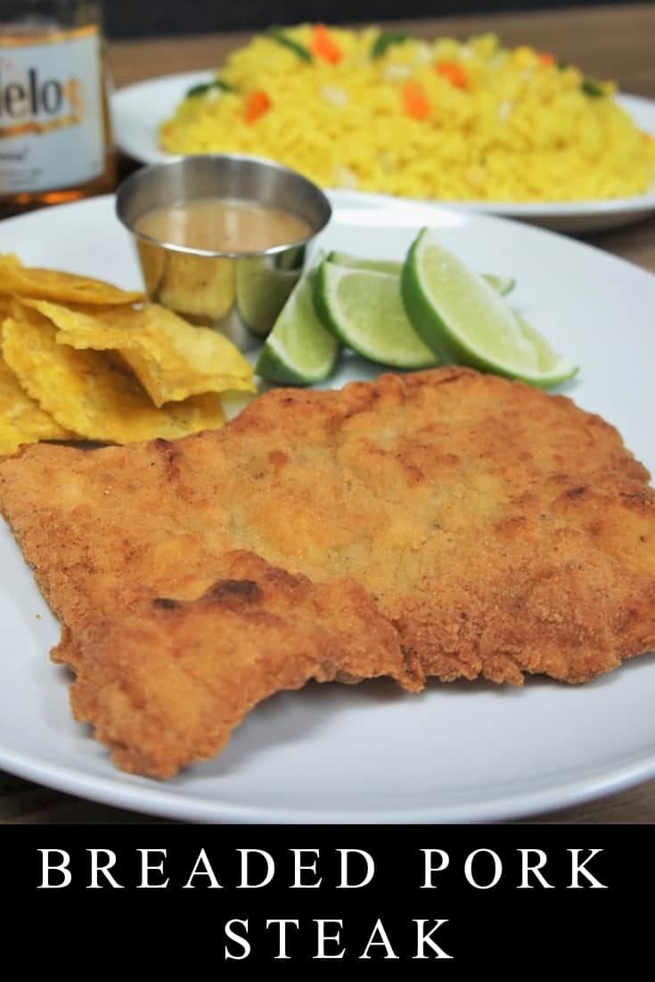 In Spanish this dish is called bistec de puerco empanizado, translation: breaded pork steak, and it’s super easy to make. Breading the pork steaks takes a little time, but once that’s done, they fry up really quick. #breadedporksteak #bistecdepuercoempanizado #cubanfood