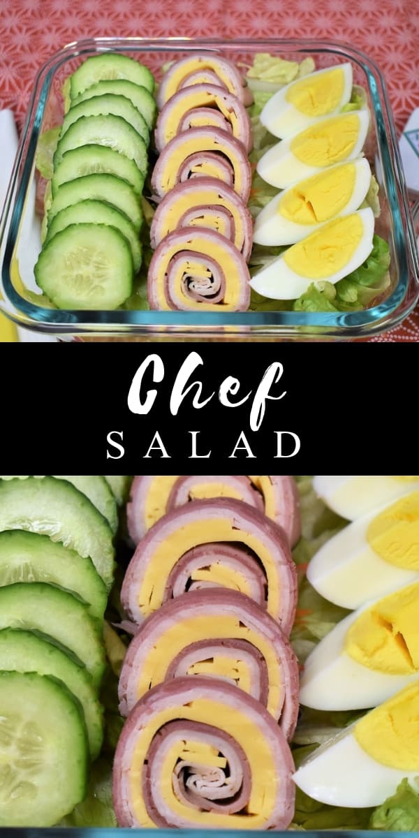 If you’re looking for a fun salad for the kids or to pack for your own lunch bag, this chef salad is a great one to throw in the mix.
This chef salad has the typical ham, turkey and cheese combo, but the roll-ups make them fun and pretty. Add some wholesome vegetables and a filling hard-boiled egg and you won’t stay hungry. #chefssalad #salad #lunchsalad #schoollunch #lunch
