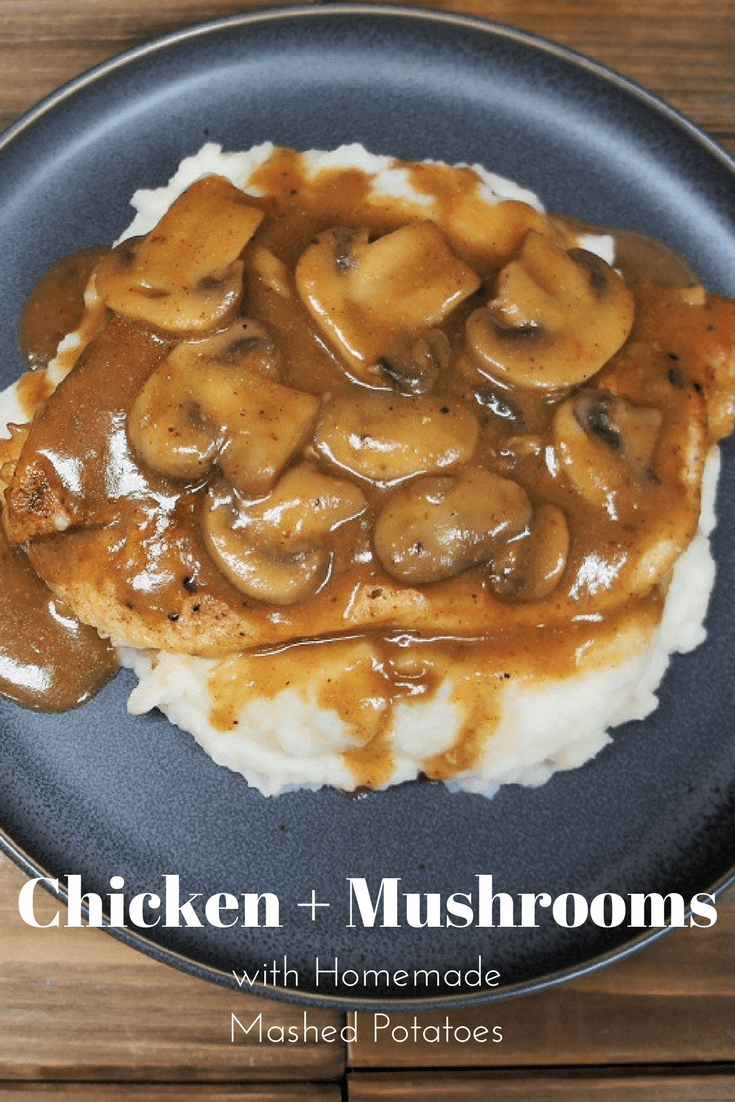 If you're due for a wonderful home-cooked meal, this chicken & mushrooms dinner is it. Chicken breasts are pounded thin, simply seasoned with a combination of spices and cooked until golden brown. Then the mushrooms are sautéed in butter with the delicious pan juices to make a flavorful sauce. #chickenandmushrooms #mushroomgravy #mushrooms #chicken #datenightdinner #dinner