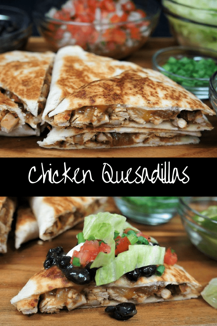 These chicken quesadillas are so simple to make they will become your favorite weekend go to. The chicken is seasoned with a southwestern spice mix and pan fried. Then, onions are sautéed in the same skillet. The chicken, cooked onions and cheese are layered on a flour tortilla and pressed on a skillet until golden. #chickenquesadillas #chicken #quesadillas #Mexicanfood #southwestern #appetizers #gamedayappetizers