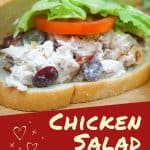 Graphic of the sandwich and text reading chicken salad sandwich, image used for pinterest.
