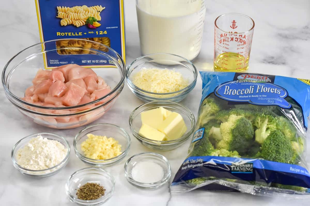 The prepped ingredients for the dish displayed on a white table.
