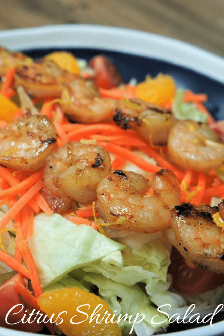 This citrus shrimp salad is easy, quick and delicious. It’s great for warmer weather. It starts with a generous bed of lettuce, shredded carrots and sweet mandarin slices. Then it's topped with skewered shrimp marinated in a sweet citrus marinade and grilled. A homemade citrus dressing tops the whole thing off. #citrusshrimpsalad #salad #lunch #shrimp #gilledshrimp #summertimemeals #summertime #barbeque