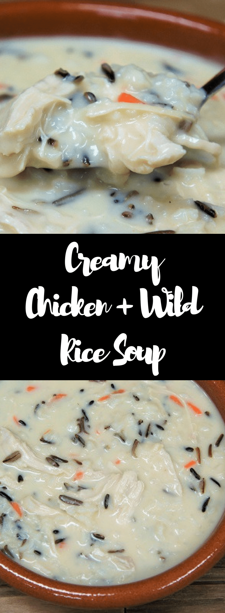 This Creamy Chicken & Wild Rice Soup is comfort food at its best. With succulent pieces of chicken breast, carrots and a combination of white and wild rice, this is more than a soup, it’s a meal. Pair it with a generous piece of crusty bread for a super satisfying dinner. #creamychickenwildricesoup #chicken #creamofchickensoup #wildrice #comfortfood