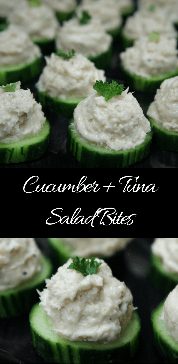These cucumber tuna salad bites make a tasty, beautiful and healthy-ish appetizer. They’re really easy to make too. This tuna salad is flavorful, creamy and delicious. #appetizers #easyappetizers #partyfood #cocktailparty #tunasalad #holidayappetizers