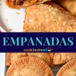 Two images of the fried empanadas. In the top one it is cut in half so that the filling can be seen. The pictures are separated by a blue graphic with the title in aqua letters.