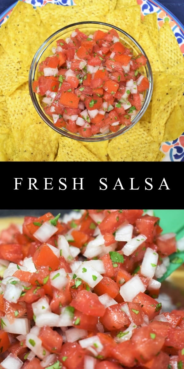 Fresh salsa, also called salsa fresca or pico de gallo, is a delicious combination of tomatoes, onions, cilantro, fresh peppers and salt. Traditionally, fresh salsa will include serranos or jalapeno peppers. In this recipe we skip the peppers altogether. We keep it fresh, simple and family friendly.
What this salsa does include is tomatoes, white onions marinated in lime juice, cilantro, salt and black pepper. Six ingredients, one delicious condiment! #freshsalsa #salsa