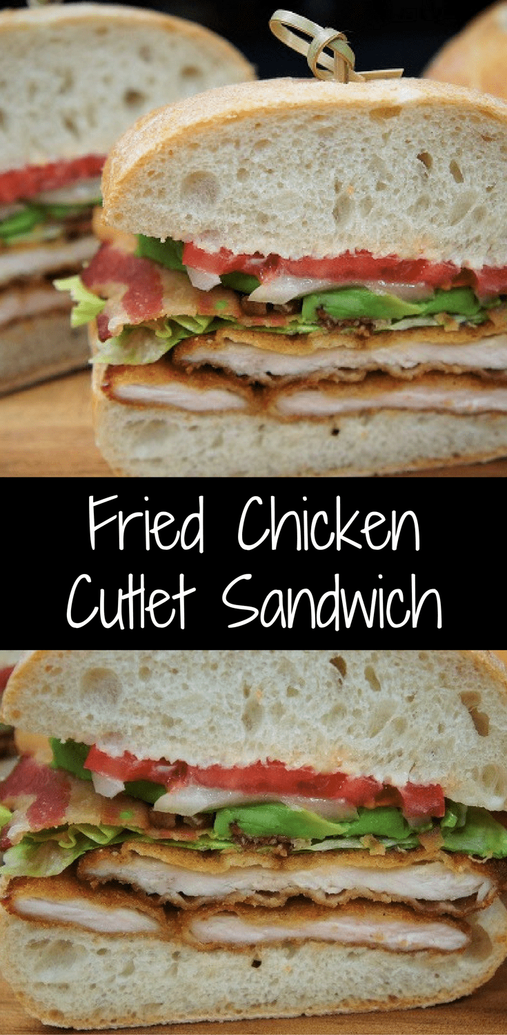 This fried chicken cutlet sandwich is great to make on a weekend night and enjoy with a cocktail (or two). Perfectly seasoned chicken cutlets are breaded and fried until golden and crispy. Then they’re layered on ciabatta bread and topped with crispy bacon, lettuce, tomato, onions and avocado slices.