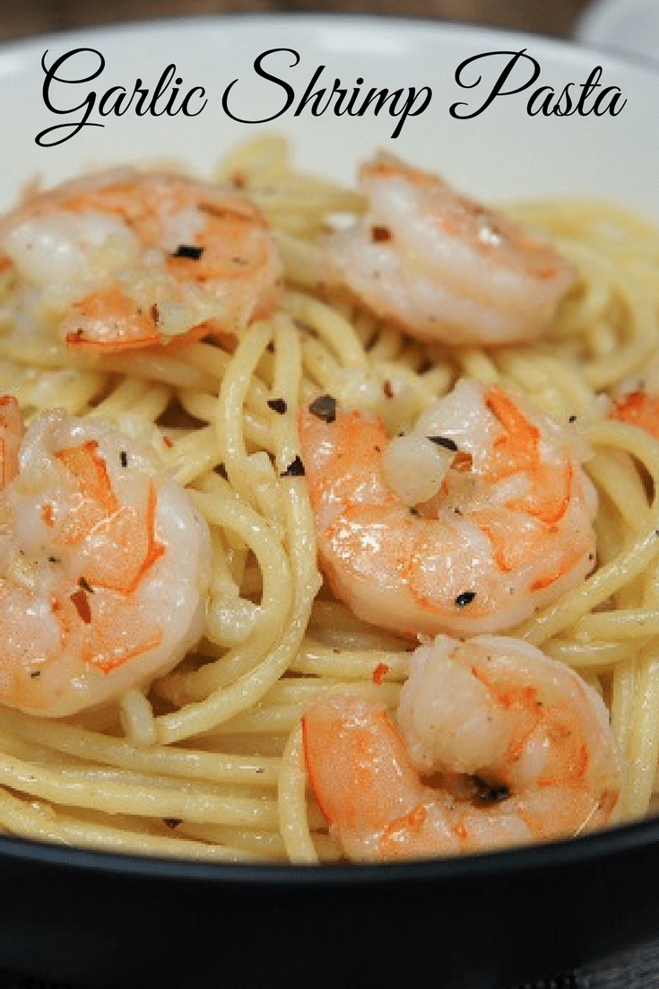 This garlic shrimp pasta is our go-to dinner for really busy nights. A generous amount of garlic is gently sautéed in olive oil. Then the shrimp is cooked in this delicious oil, lightly seasoned with salt, black and crushed red pepper and tossed with pasta. #garlicshrimppasta #garlicshrimp #pasta #easydinners #pasta #shrimp