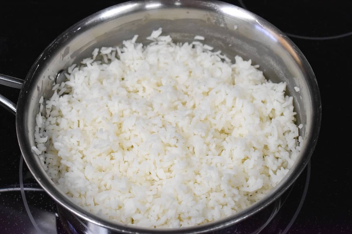 A close up image of the finished rice in the saucepan.