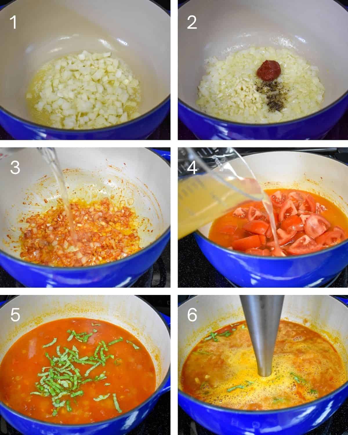 A collage of six pictures showing the steps to making tomato soup.