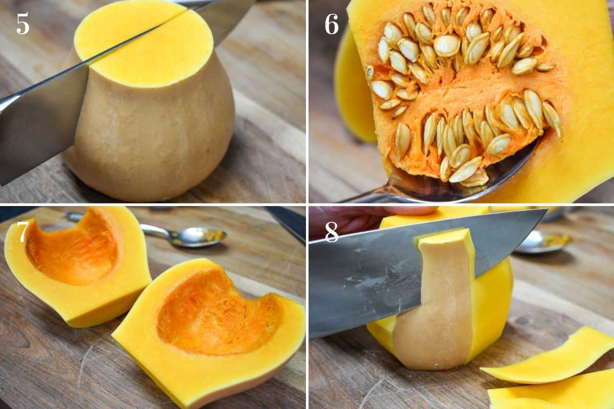 Images of steps five through eight on how to peel butternut squash. Cutting the round piece, removing the seeds and cutting off the peel.