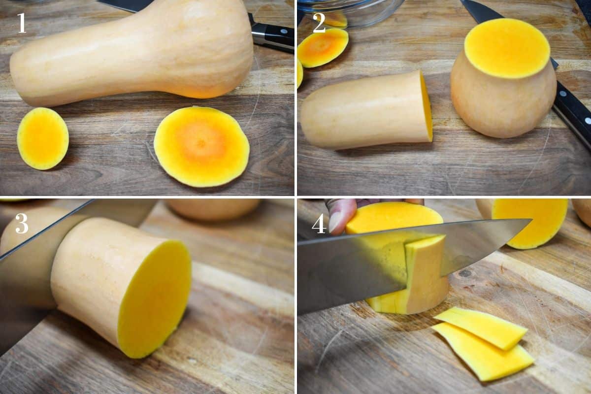 Images of steps one through four of how to peel butternut squash. The ends sliced off and starting to peel the cylinder piece.