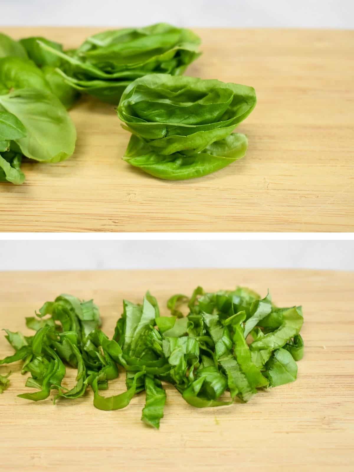 Two images, the top one of stacked basil leaves and the second one of basil ribbons after it has been cut.