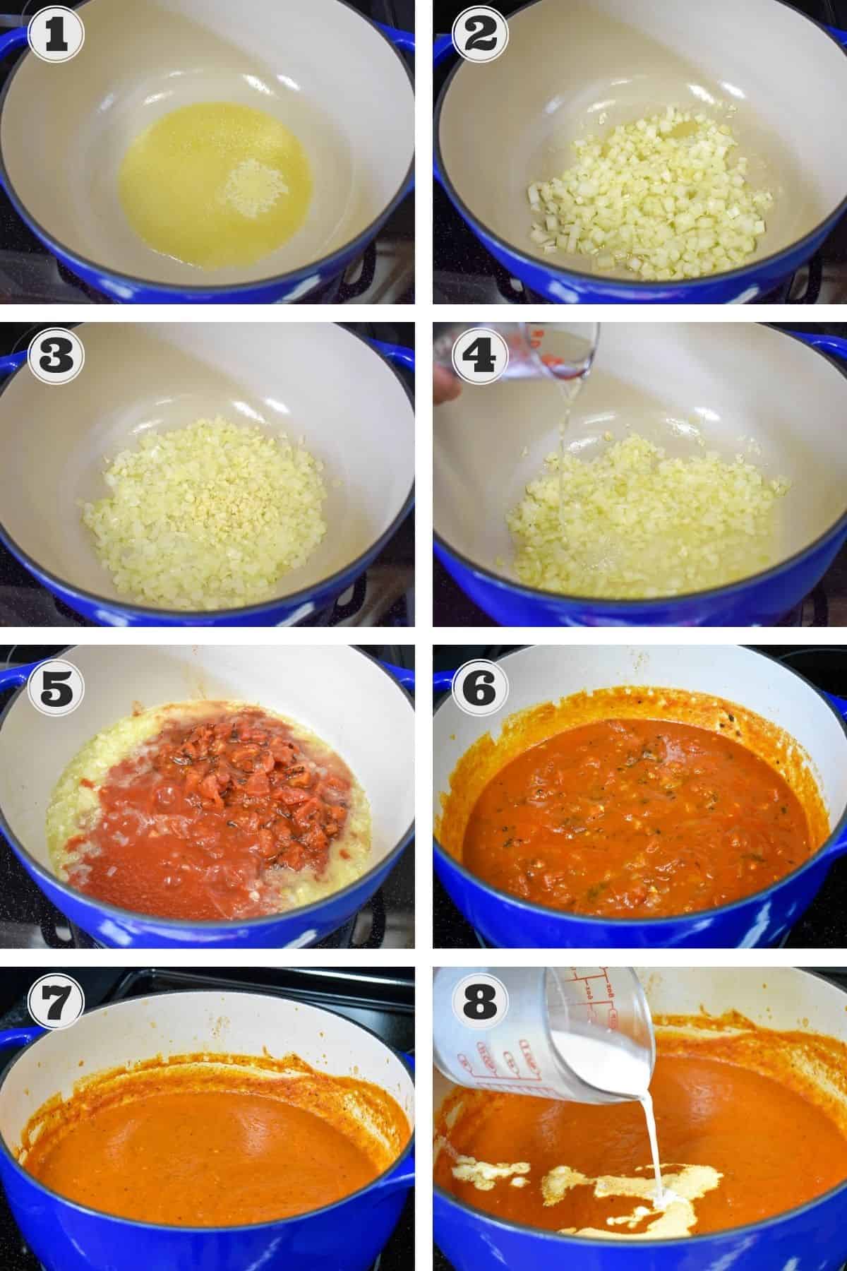 A collage of eight images illustrating the steps to making vodka sauce.