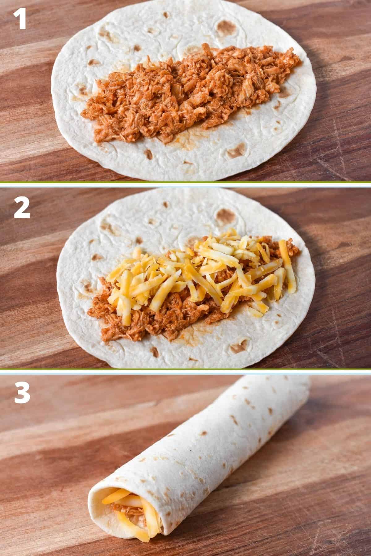 A collage of three pictures showing the steps of making the taquitos.