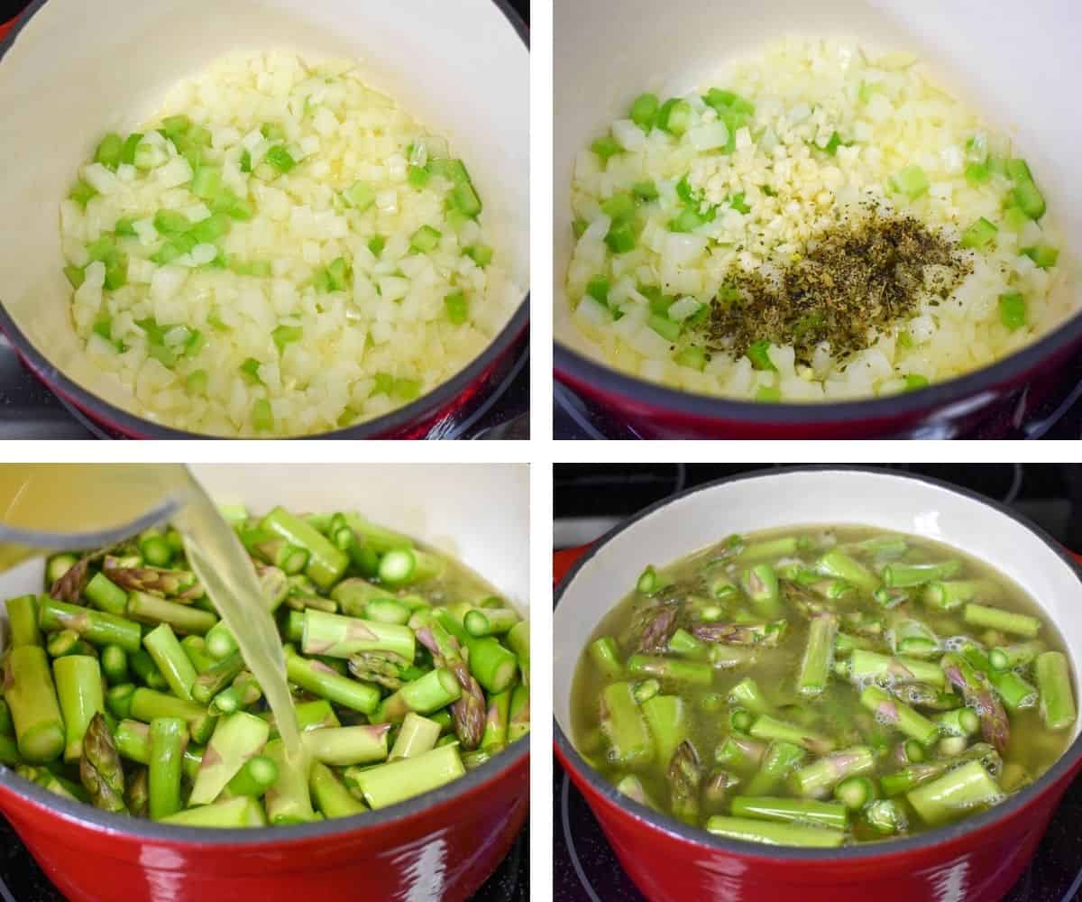 A collage of four images showing the steps to making asparagus soup.