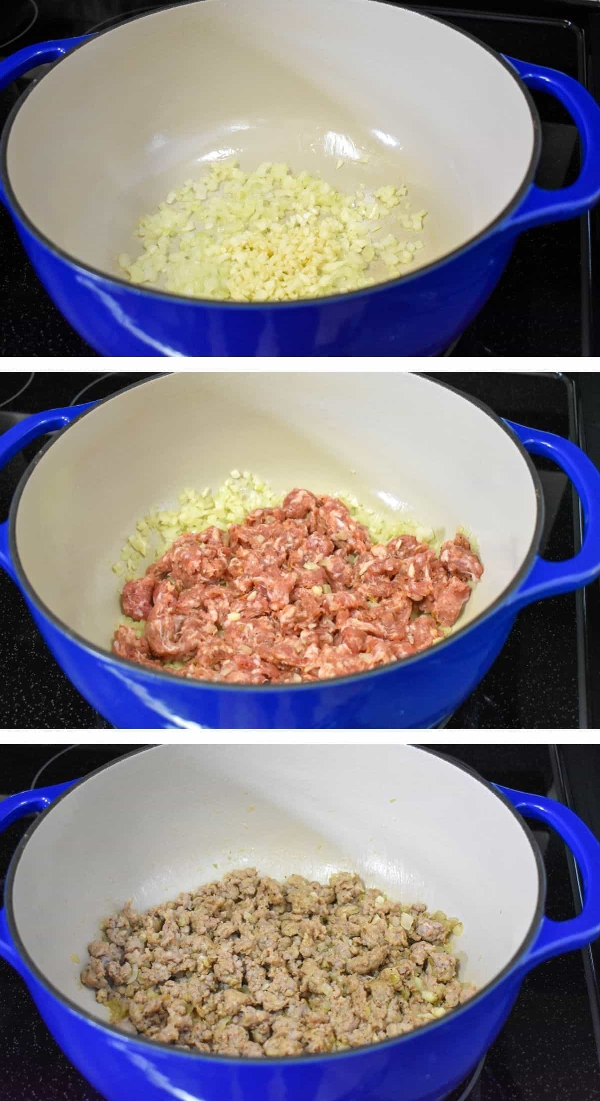 Three images showing the onions and garlic cooking and the Italian sausage browning.