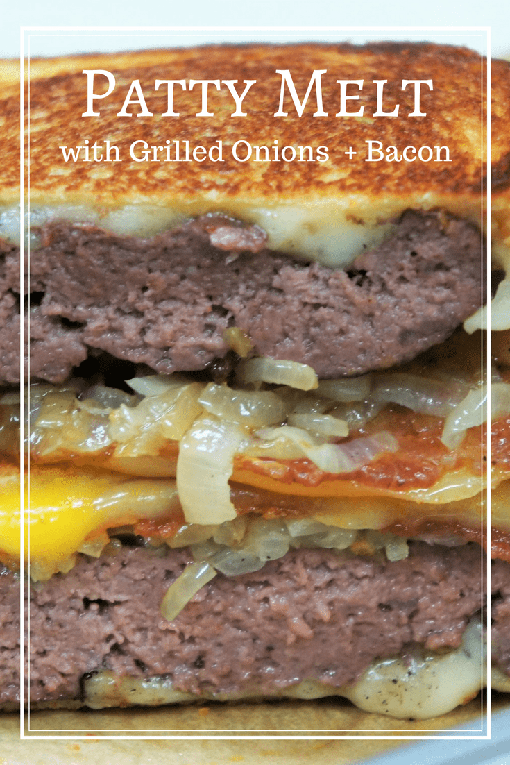 These Patty Melts start with simply seasoned ground beef patties that are grilled to taste. Then they get a generous amount of cheese, perfectly grilled onions and crispy bacon. All this goodness is stacked in between white sandwich bread, then cooked grilled-cheese-style with plenty of butter. #pattymelt #burgers #grilling #summertime #barbeque