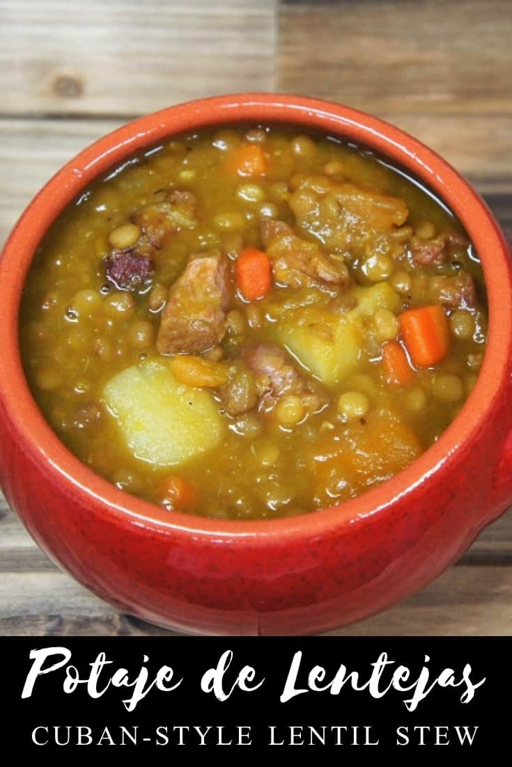 Potaje de Lentejas – a potaje is a Cuban-style lentil stew. Typical ingredients include beans, meat (usually an inexpensive cut) and vegetables – mainly root vegetables. For this stew, we use lentils, ham shanks, potatoes, carrots and pumpkin. #potajedelentejas #lentilstew #lentils #Cubanfood