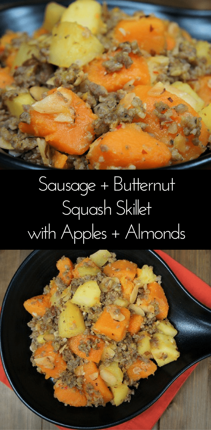 In this Fall inspired dish, savory sausage pairs beautifully with butternut squash and sweet apples. This is a great dinner or side dish to enjoy when the air starts to turn a little chilly and Fall is just around the corner. #falldishes #sausage #butternutsquash #apples #fall