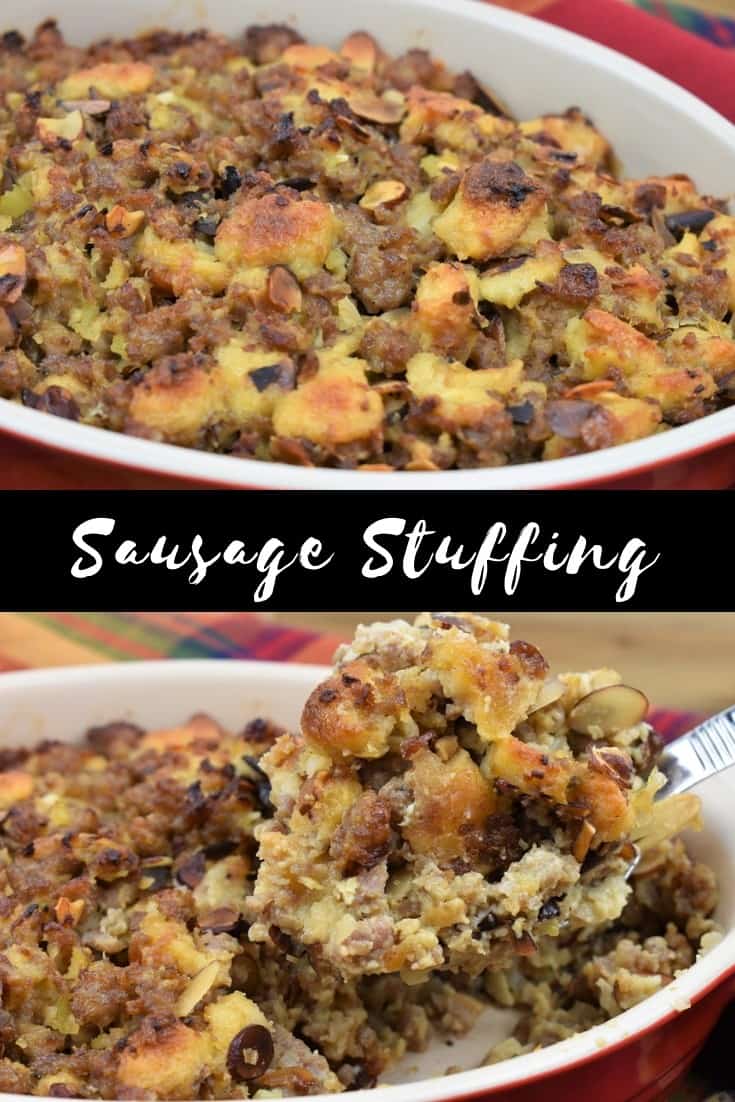 This sausage stuffing is a family favorite. It’s really easy to make and uses simple ingredients. In this recipe, flavorful sausage, toasted almonds, vegetables and bread are combined to make the best stuffing. Now, we don’t actually stuff the turkey, instead we make the stuffing in a casserole dish and serve it as a side dish. My family really loves this sausage stuffing, I hope yours does too. #sausagestuffing #Thanksgiving #holidaysides