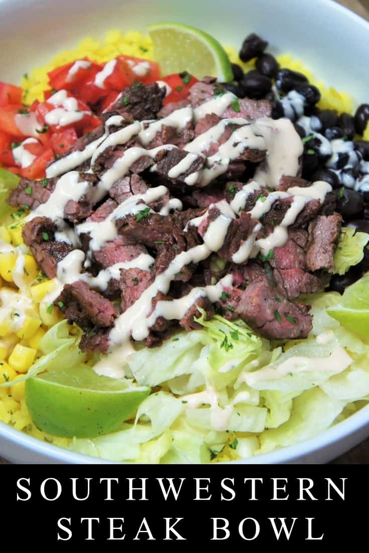 This Southwestern steak bowl is a delicious way to get out of the boring dinner routine. This bowl starts with a bed of yellow rice, that gets its beautiful color from good-for-you turmeric instead of artificial coloring. The rice is topped with lettuce, tomatoes, corn and black beans. Then we add perfectly seasoned grilled steak, and finish the whole thing off with an easy-to-make chipotle ranch dressing. #southwesternsteakbowl #steak #southwestern #steakbowl