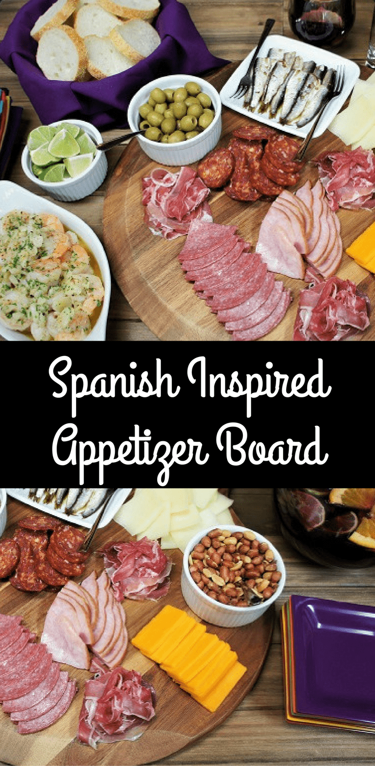 This is a fun and easy Spanish inspired appetizer board to put together for your next holiday party, or for a last minute cocktail party. #spanishappetizerboard #appetizers #cheeseboard #garlicshrimp #partyfood #holidayappetizers #cocktailpartyappetizers #cocktailparty