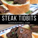 Sirloin steak on small toast rounds arranged on a colorful platter.