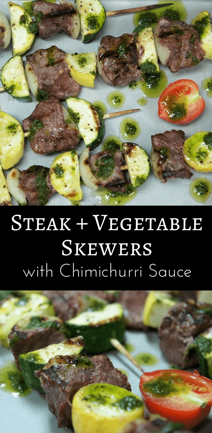 These steak & vegetable skewers are great for a summertime barbeque. Pieces of beef round, zucchini, yellow squash and onions are skewered, and grilled. Then, they’re served with a super flavorful chimichurri sauce. #steakskewers #steak #beef #grilledsteak #chimichurri #barbeque #summertimemeals