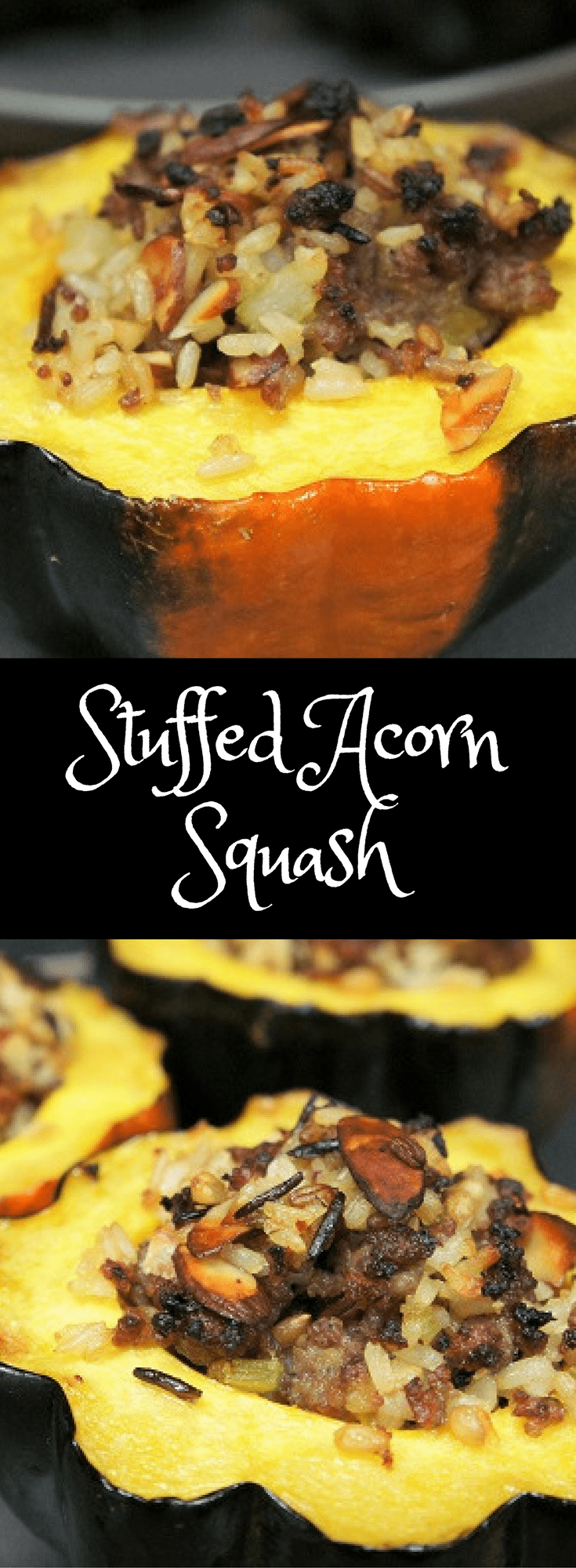 This Stuffed Acorn Squash is a beautiful fall dish. Acorn squash is stuffed with flavorful sausage and toasted almonds that’s combined with a wild and brown rice mix. #acornsquash #wildrice #stuffedacornsquash #falldishes #sausage