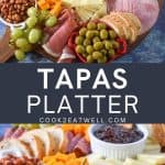 Two images of the platter, separated by a graphic of white letters that read, tapas platter, on a dark gray background.