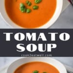 Two images of the finished soup served in a white bowl and set on a white linen with a red stripe. The images are separated by a gray graphic with the title in white letters.