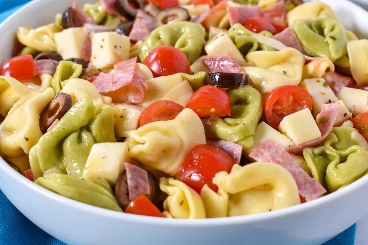 A close up of the salad served in a large, white bowl.