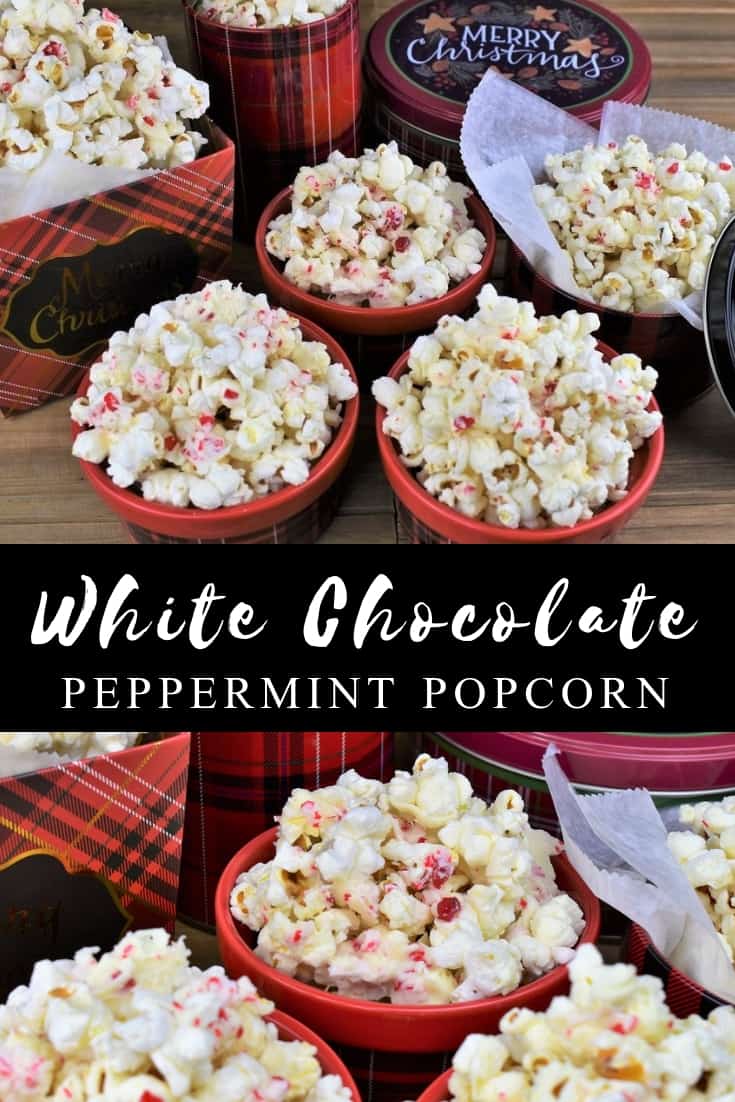This white chocolate peppermint popcorn is a wonderful treat to make during the busy holiday season. It’s really easy and quick to make too. Whip up a batch and watch it disappear, or package it in treat boxes, or bags for a special homemade gift. #whitechocolatepopcorn #popcorn #peppermintpopcorn #holidaytreats #christmastreats