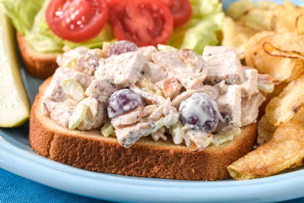A closeup of the chicken salad on a slice of bread with lettuce, tomatoes, chips and a pickle around and in the background.