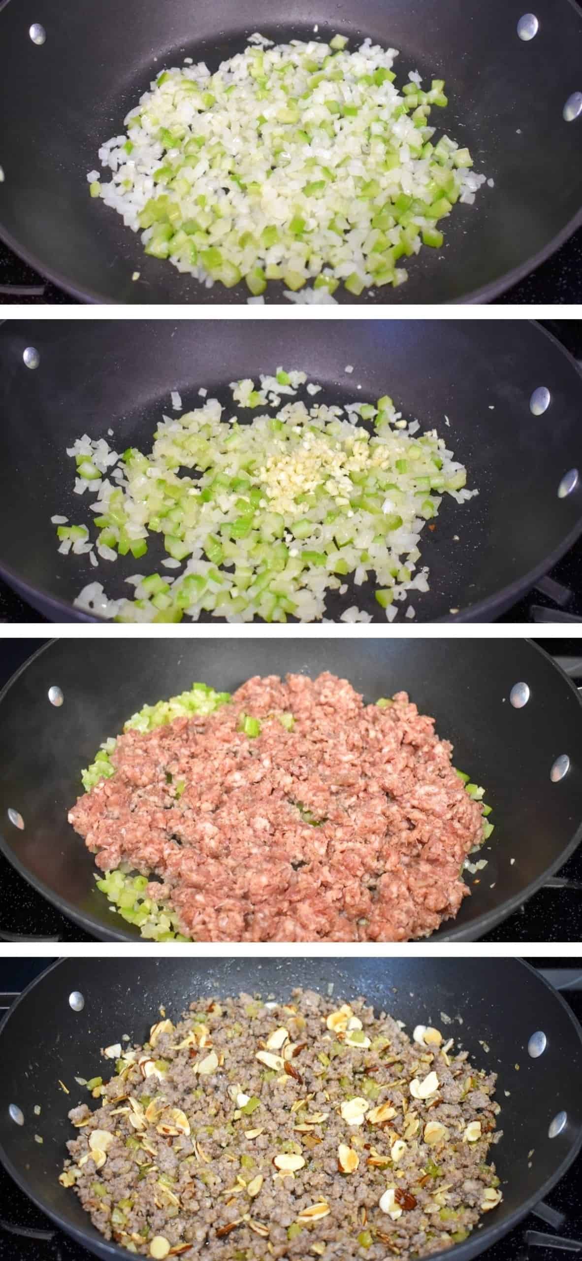 Four images showing the steps to cooking the sausage with the onions, celery, garlic and almonds at the end.