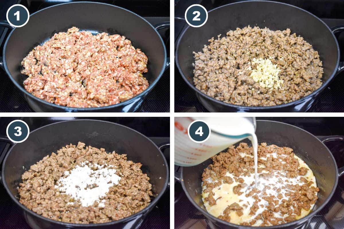 Step-by-step images showing how to brown Italian sausage, add garlic and flour, and pour in milk to make the creamy sauce.