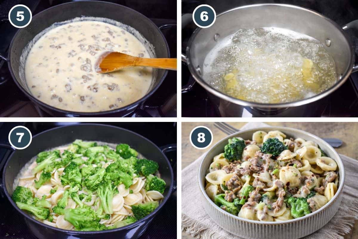 Cooking process showing the creamy sauce thickening, pasta boiling, broccoli added, and finished pasta dish in the pan.