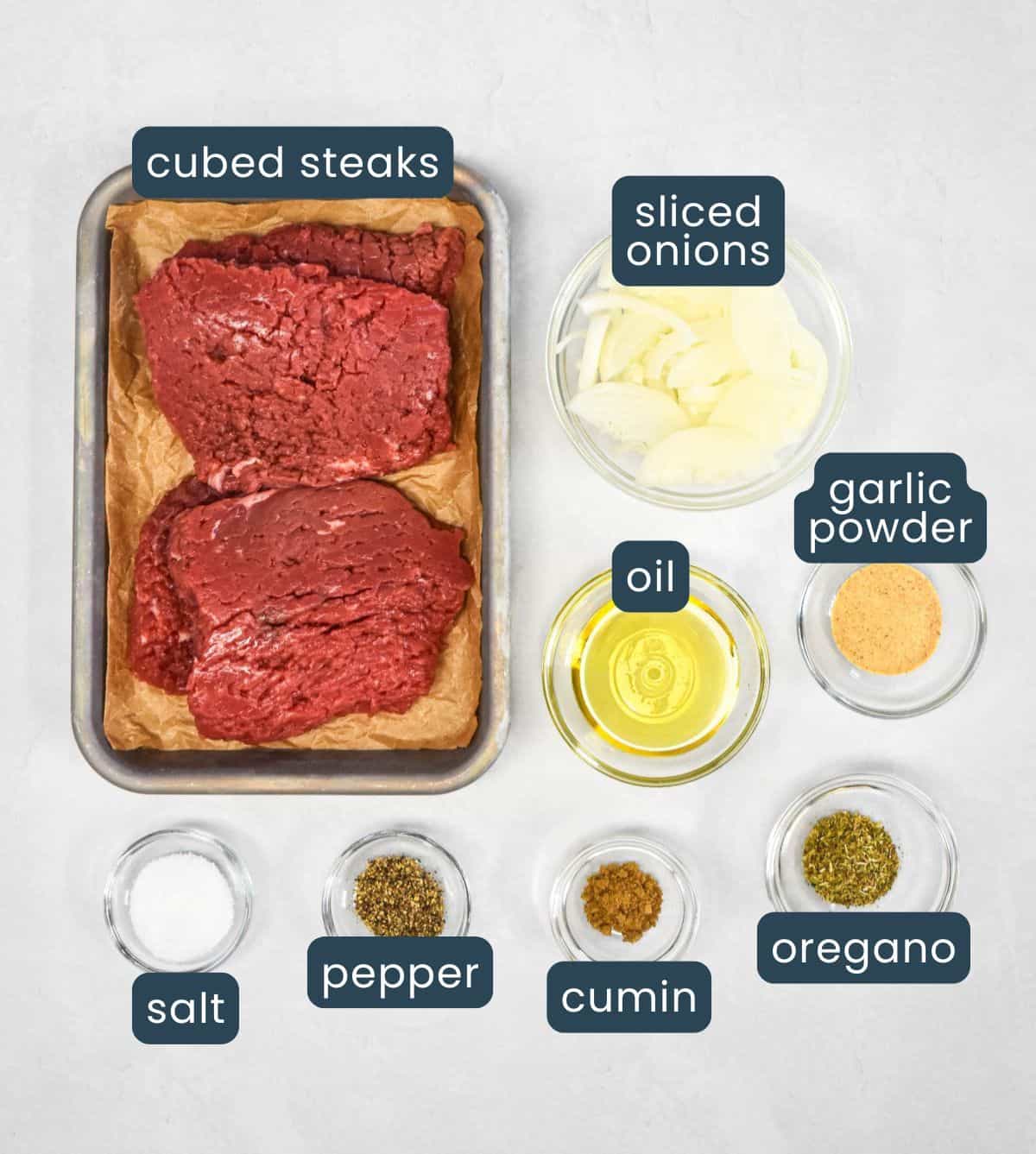 Ingredients for Cuban cube steaks including cube steaks, sliced onions, oil, and spices, set on a white table and labeled.