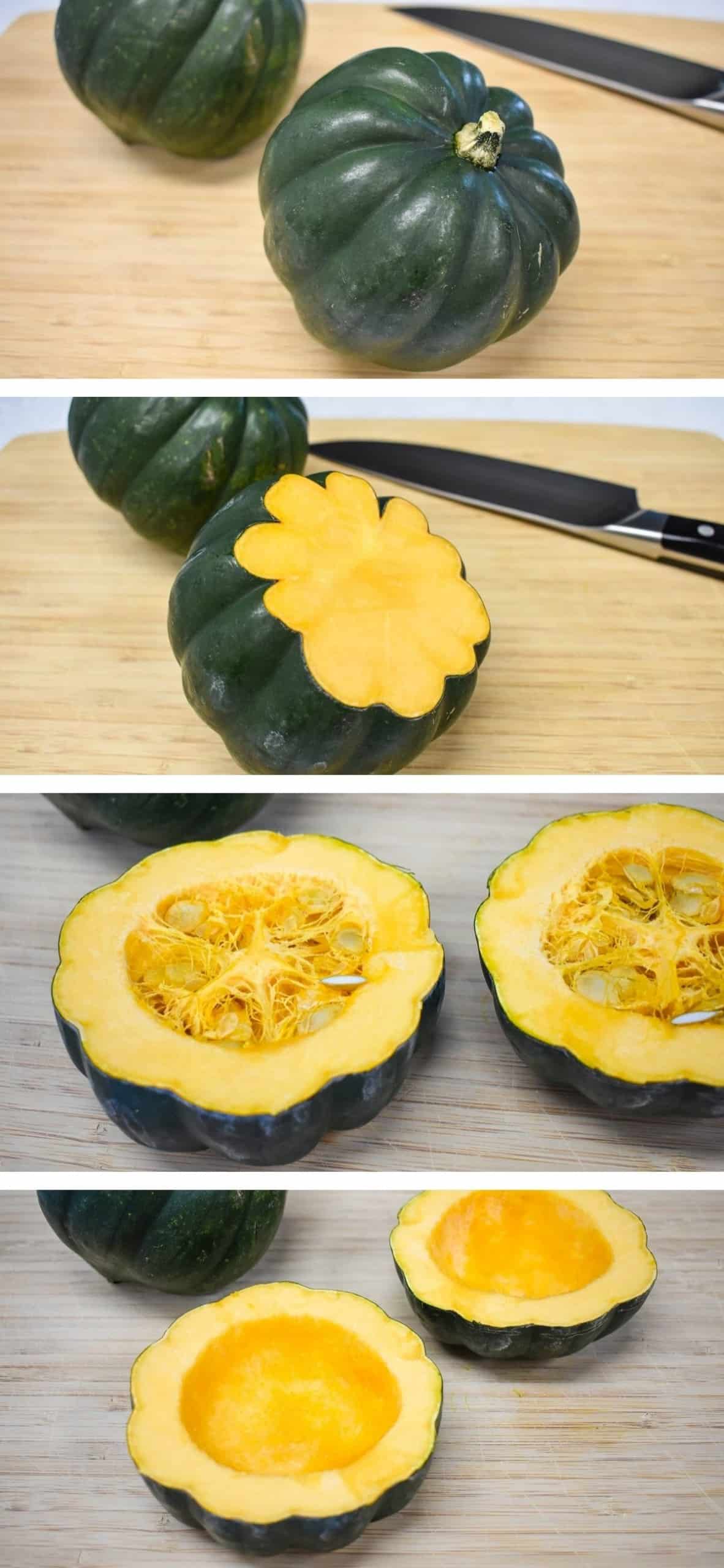Four images showing how to prepare the squash for the dish.