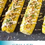 Corn cobs topped with sour cream, chili powder, parmesan, and cilantro, set on a gray platter. Under the image is a teal and white graphic with the title in teal letters.