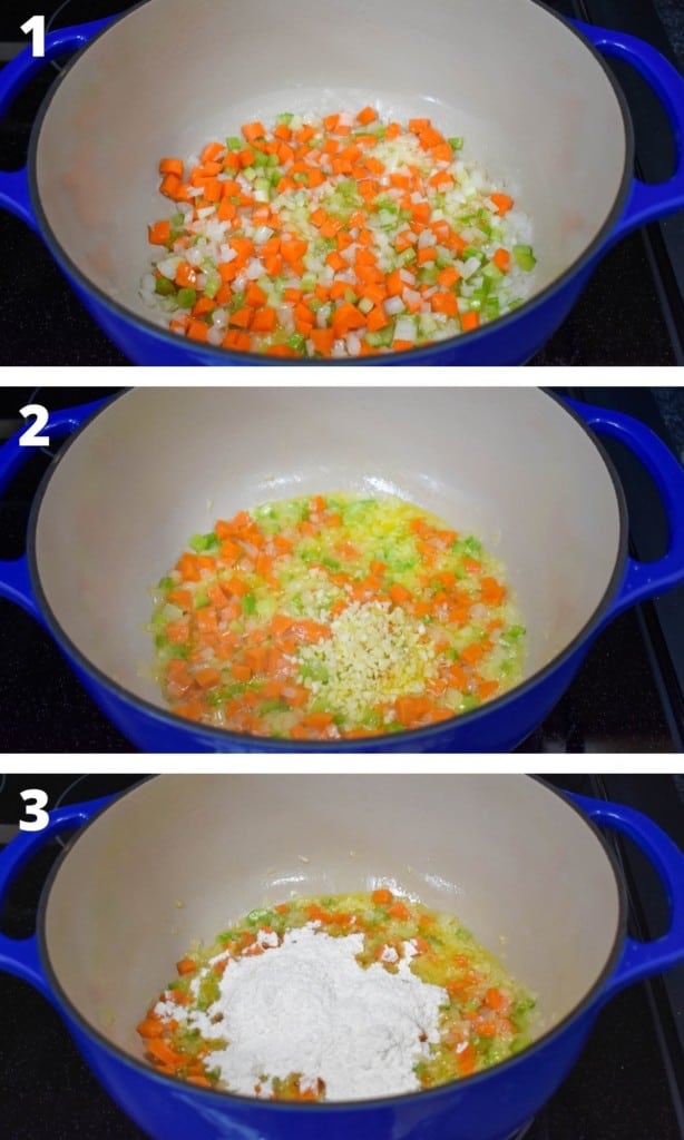 Three images showing the steps to making the base for the soup up to adding in the flour. The ingredients are in a large, blue pot.