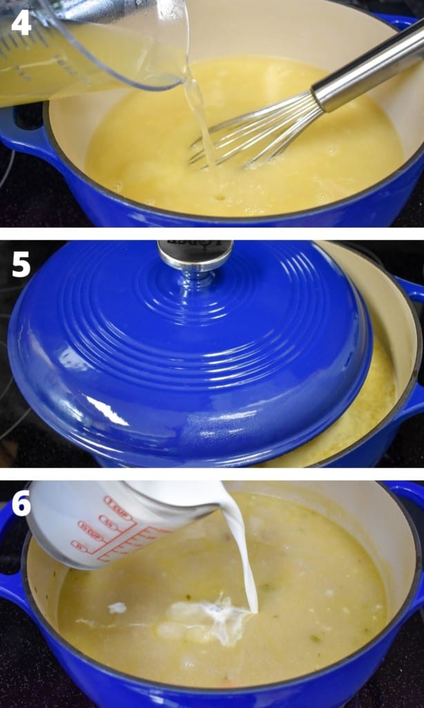 Three images showing the steps to finishing the soup starting with adding the broth and finishing with adding the cream. The soup is in a large, blue pot.