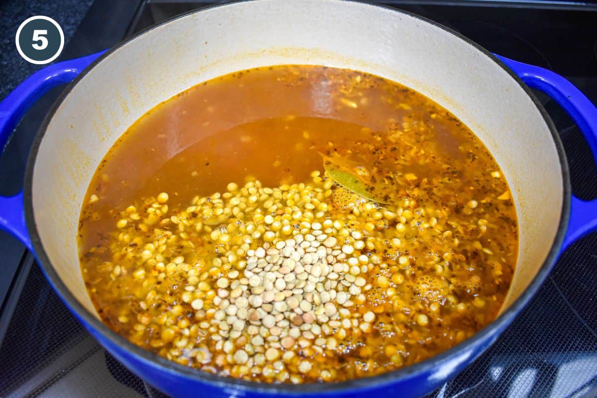 Lentils added to the broth with the ham shanks.